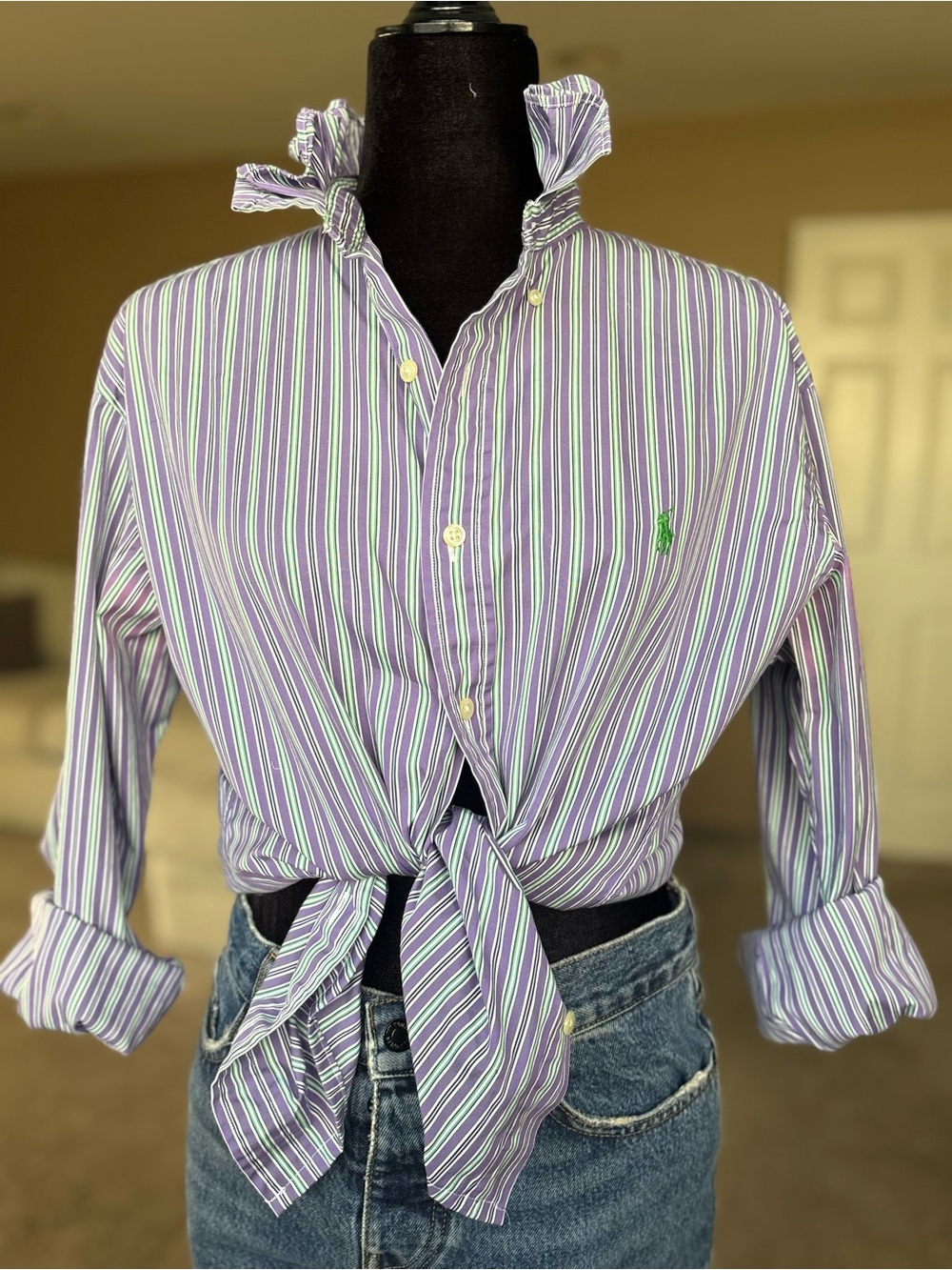 Reworked Ralph Lauren Purple, White & Green Striped Button-Down Shirt size m/l